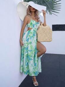 Aveloria Modichic 花卉印花镂空腰部开衩大腿吊带连衣裙度假装女装 - 綠色 - 查看 4