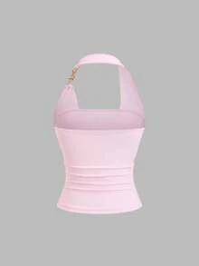 Sweetra New Fashion Metal Buckle Asymmetric Neckline Design Elegant Commute Daily Versatile Waist Cinched Casual Pink Women Tank Top - Pink - View 2