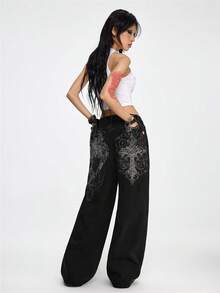 ROMWE Grunge Punk 女士休闲时尚街头十字翅膀印花低腰宽松阔腿牛仔裤 - 黑色 - 查看 2