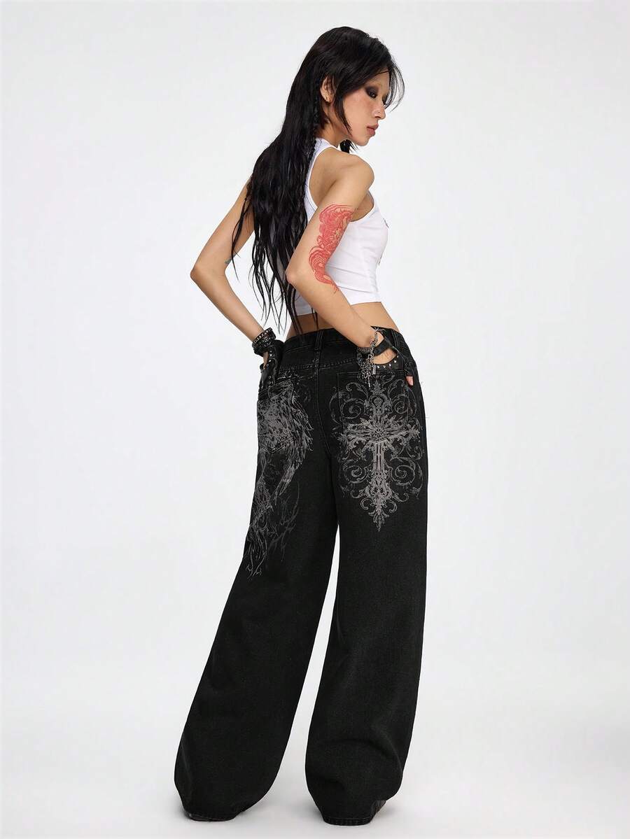 ROMWE Grunge Punk 女士休闲时尚街头十字翅膀印花低腰宽松阔腿牛仔裤 - 黑色 - 查看 1