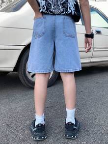 SHEIN Tween Boy Fashion Homecoming Streetwear Mix And Match Versatile Design Vintage Cool Street Drawstring Design All-Elastic Waistband Blue Loose-Fitting Denim Shorts For Dailywear And Spring To Summer Rave Festival And Streetwear Summer Shorts Jeans Short Baggy Jeans - Blue - View 2