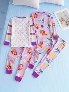 SHEIN | PAW Patrol 女童卡通可爱狗狗印花修身睡衣套装，包含上衣和裤子，秋冬款 - 紫色 - 查看 3