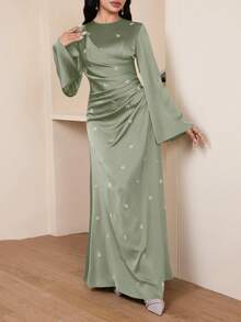 Veilorie Đầm nữ thanh lịch cổ tròn tay xòe eo nhún bèo đính đá hoa văn. - màu xanh lá - Xem 7