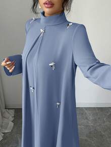 Yasmyna Women's High Neck Long Sleeve Pleated Elegant Arabic Dress - Blue - View 1