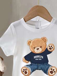 SHEIN Playful Pals 男婴夏季两件套，圆领短袖卡通熊印花T恤搭配黑色短裤，可爱时尚，适合夏季户外穿着，简约户外运动和街头风格。 - 彩色 - 查看 4