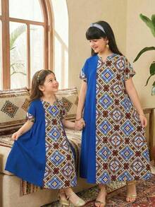 Tween Girl Arab Clothing Middle Eastern Style Blue And White Vintage Geometric Patchwork Dress,Summer Boho Family Matching V-Neck Jalabiya - Multicolor - View 1