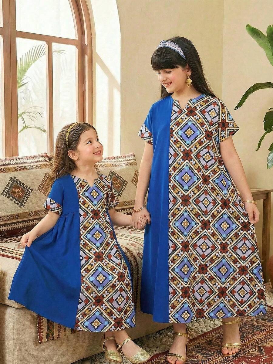 Tween Girl Arab Clothing Middle Eastern Style Blue And White Vintage Geometric Patchwork Dress,Summer Boho Family Matching V-Neck Jalabiya - Multicolor - View 1