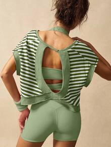 VARSITIE Workout Women Tops Women Striped Fashion Sports T-Shirt & Tank Top, Suitable For Summer - Olive Green - View 5