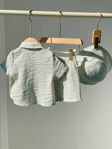 SHEIN 3件套男女宝宝可爱绿色条纹短袖衬衫套装，春夏宝宝服装，休闲假日装，复活节 - 綠色 - 查看 2