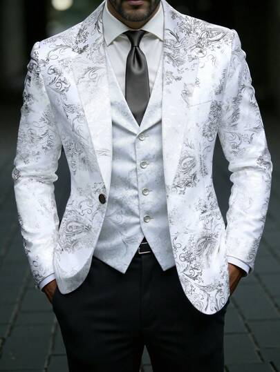 Manfinity Mode Men's Fashionable Jacquard Lapel NeckLong Sleeve Suit Jacket, Suitable For Daily Wear And Parties Wedding Jacket For Men White Floral Men Blazer Sport Blazer White Coat Men Prom Blazer