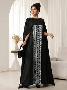 Al Najma 女士秋冬披肩式黑白印花连衣裙，阿拉伯风格 - 黑色 - 查看 6