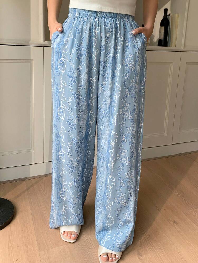 Dazy Plus Floral Print Elastic Waist Long Pajama Pants, Loungewear Bottom