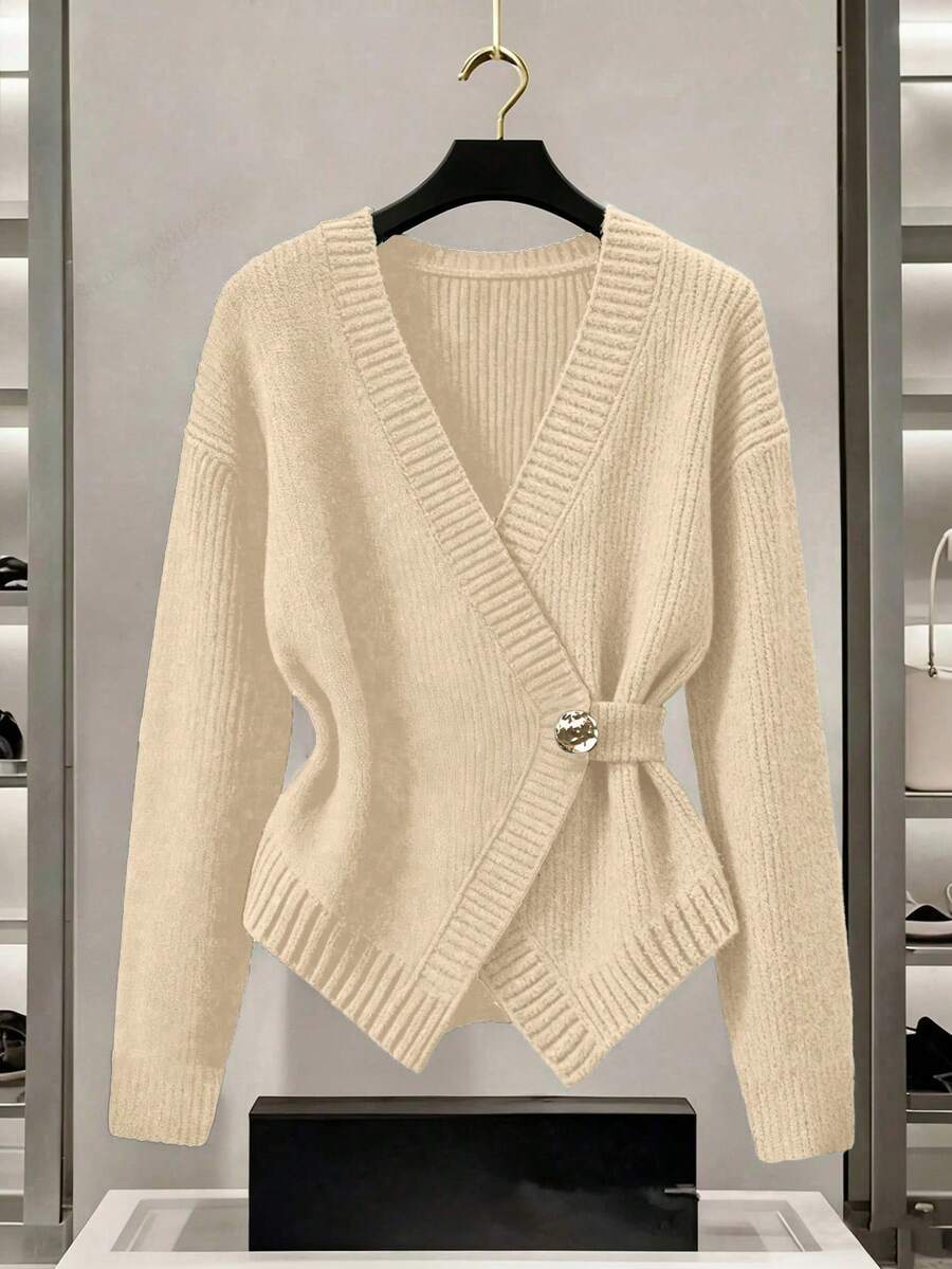 Franclia New Elegant High-End Color Block Patchwork Knitted Women Cardigan Sweater, Autumn/Winter - Beige - View 1