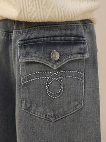 SUMWON Boys Western Style Wide Leg Denim Jeans With Contrast Stitching And Back Pocket Details For Casual Everyday Wear Vacation - Blue - View 5