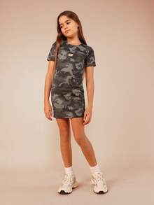 SUMWON 青少年迷彩短袖T恤连衣裙，圆领，常规版型，迷你裙长，休闲针织面料，度假风 - 軍綠色 - 查看 4