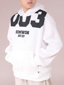 SUMWON 男童数字印花套头连帽衫，休闲校服度假款 - 白色 - 查看 4