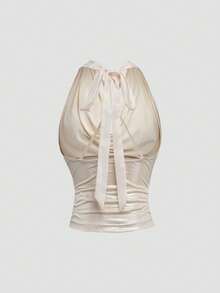 Modelyn Sexy Backless Draped Neck Glitter Draped Women Top - Champagne - View 3