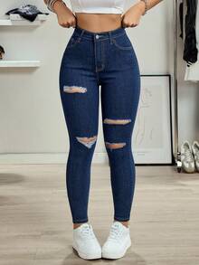 Jeanoix 黑色斜插口袋破洞紧身牛仔裤 - 深色水洗藍 - 查看 7