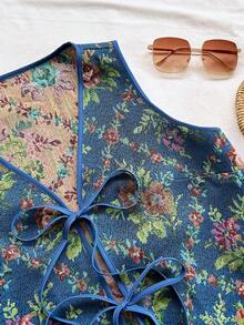 Soleia 女士度假休闲蓝色复古热带植物提花系带纹理面料背心 - 彩色 - 查看 4