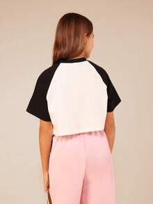 SUMWON Girls Number 23 Raglan Sleeve Crop Top Short Sleeve Baseball Style Graphic Tee Casual Boxy Fit Sports Inspired Top Vacation - Black and White - View 2