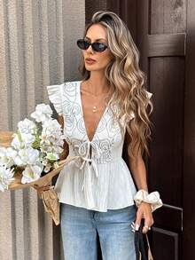 Pariaura 休闲度假风V领刺绣系带衬衫 - 杏色 - 查看 4