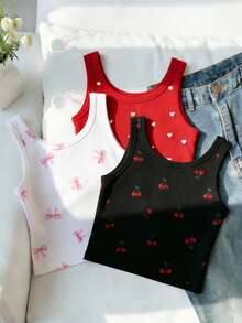 3pcs/Set Tween Girl Y2K Style Cropped Camisole Tops, Fitted Sleeveless Top, American Retro Sweet Cherry Bow & Heart Print Dopamine Tee, Summer - Multicolor - View 1