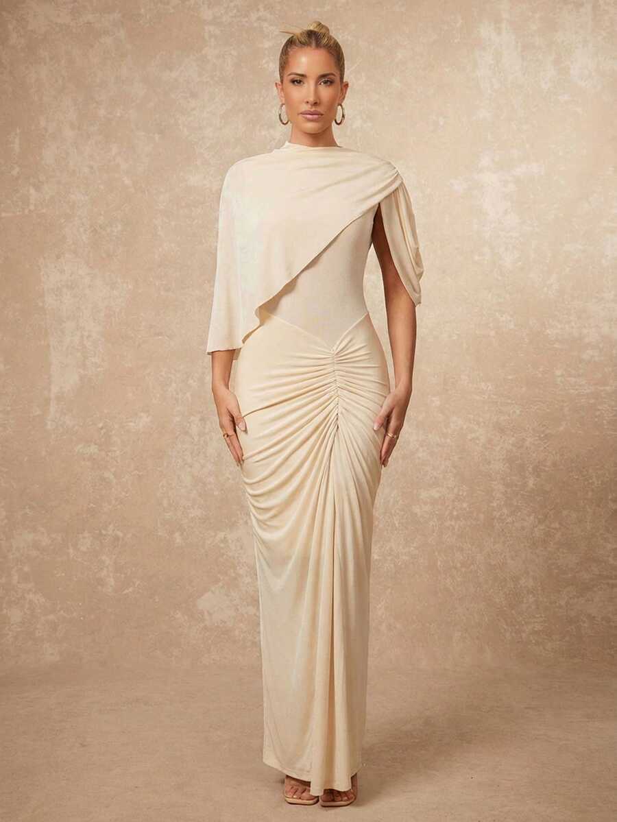 Lumalex 不对称金属装饰网纱柔软飘逸褶皱腰身修身长袖连衣裙，适合女士穿着，垂坠感十足，棕色长裙，杏色优雅长袖连衣裙，杏色婚礼宾客礼服，波西米亚风/浪漫风/魅力风/派对风/优雅风，奢华舞会聚会宴会，低调奢华，闪耀节日派对，锐舞节，郊游度假，户外休闲，层次丰富，适合婚礼季宴会、圣诞节、新年派对、宰牲节派对、情人节约会、晚宴派对，适合秋/春/夏穿着，春季女装