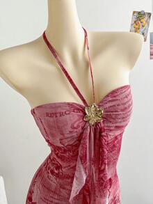 Soleia Đầm maxi ôm dáng dành cho nữ, in họa tiết hoa, phối bèo nhún, viền ren và trang trí hoa 3D bằng kim loại, thích hợp cho kỳ nghỉ. - Nhiều màu - Xem 4