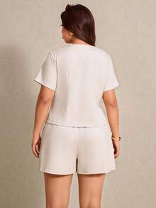 Elaquor Plus Size Summer Elegant White Semi Formal 2 Piece Shorts Set Women's Solid Color Shirt & Shorts Office Wear Casual Formal Outfit Spring Clothes - Apricot - View 2