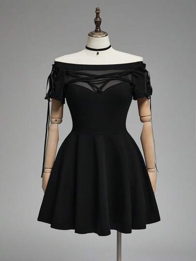 Goth Vestido de hombros descubiertos con pentágrama invertido, ojetes metálicos y cordones para mujer talla grande de estilo gótico