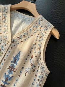 Franclia 新款中国风印花V领无袖纽扣衬衫，独特设计，多色女式衬衫，夏季款 - 米色 - 查看 4