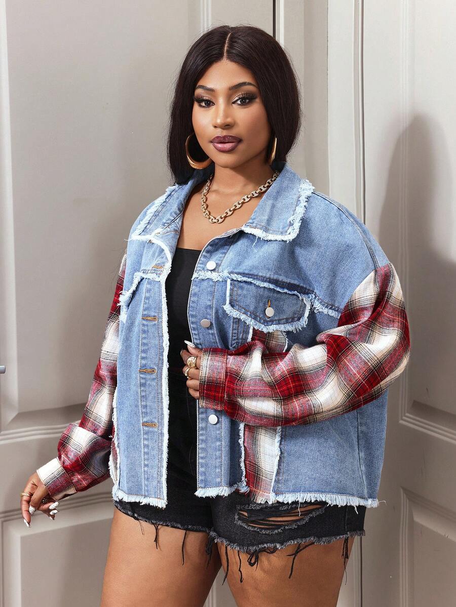 Slaydiva Áo khoác denim dáng rộng, phối nhiều mảnh, kẻ caro, cài cúc phía trước, rách tua rua, cỡ lớn. - Nhiều màu - Xem 1