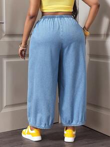 Slaydiva Quần jean denim dáng rộng, thoải mái, xếp ly, dành cho nữ cỡ lớn, cạp chun, thích hợp cho mùa xuân và hè. - Rửa nhẹ - Xem 2