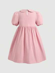 SHEIN Gaun Anak Perempuan Remaja Warna Polos Kerah Peter Pan dengan Hiasan Pita dan Lengan Pendek, Lucu - Aprikot - View 2