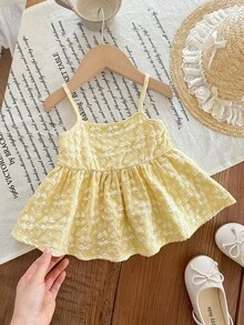 SHEIN LMoss Kids 女婴纯色黄色优雅可爱编织吊带背心 - 黃色 - 查看 3