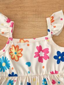 SHEIN Vintaside Kids 三件装女婴荷叶边吊带连衣裙，条纹配彩色花卉/粉色图案，甜美可爱，适合夏季玩耍和度假。 - 彩色 - 查看 4