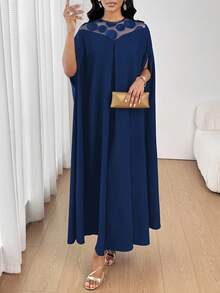 SHEIN Lady 女士优雅派对网眼拼布斗篷袖连衣裙 - 藏蓝色 - 查看 4