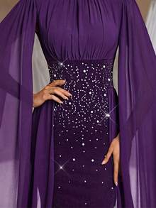 Aureia Elegant Women's Purple Maxi Party Dress With Cloak Sleeves And Rhinestone Detail - Purple - View 7