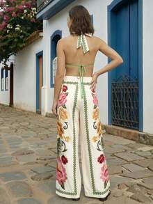 CAJUNI Women's Floral Print Halter Top And Wide Leg Pants, Summer Vacation - Beige - View 2