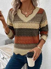 EMERY ROSE Women's Casual Elegant V-Neck Sweater, Brown Earth Tone Contrast Stripe Pattern, Vintage, Academic, Classic, Suitable For Early Spring, Autumn, Winter, Work, Walking, Park, Mom Gift - Multicolor - View 3