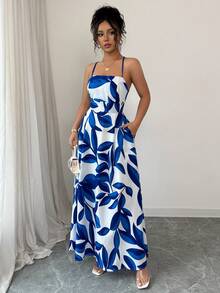 SHEIN Tall Leaf Print Backless Criss-Cross Strap Pocket Dress For Women, Vacation - Blue - View 7