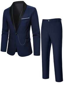 Manfinity Mode 男士撞色长袖西装外套和裤子套装，时尚英伦风商务休闲西装 - 藏蓝色 - 查看 5