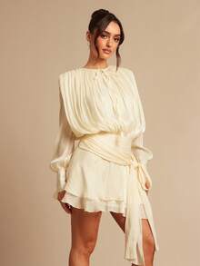 Silquee 女士纯色打结褶皱优雅长袖短裙 - 杏色 - 查看 7