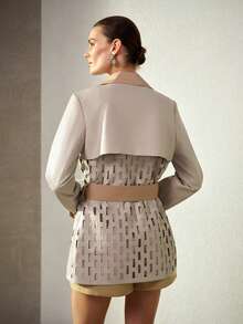 MOTF PREMIUM WOMEN'S FASHIONABLE HOLLOW OUT CONTRAST COLORBLOCK PU PATCHWORK BLAZER - Grey - View 3