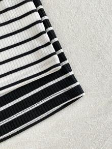 Vintaside Kids 2件套女童黑白罗纹图案无袖休闲修身连衣裙，夏季 - 黑與白 - 查看 6