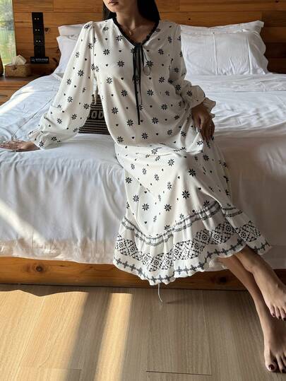 DAZY 印花撞色系带长款女士沙滩裙