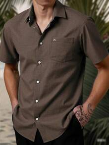 Manfinity Homme 男士休闲日常通勤拼接口袋短袖衬衫，夏季 - 棕色 - 查看 3