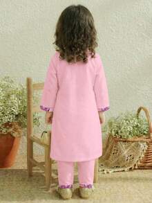 SHEIN Baby Girl V-Neck Butterfly Pattern Long Sleeve Long T-Shirt And Pants Casual Outfit For Daily Wear, Family Gathering - Multicolor - View 4