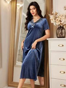 LuxeNights Women's Velvet V-Neck Contrast Lace Mid-Length Short Sleeve Nightgown - Blue - View 2