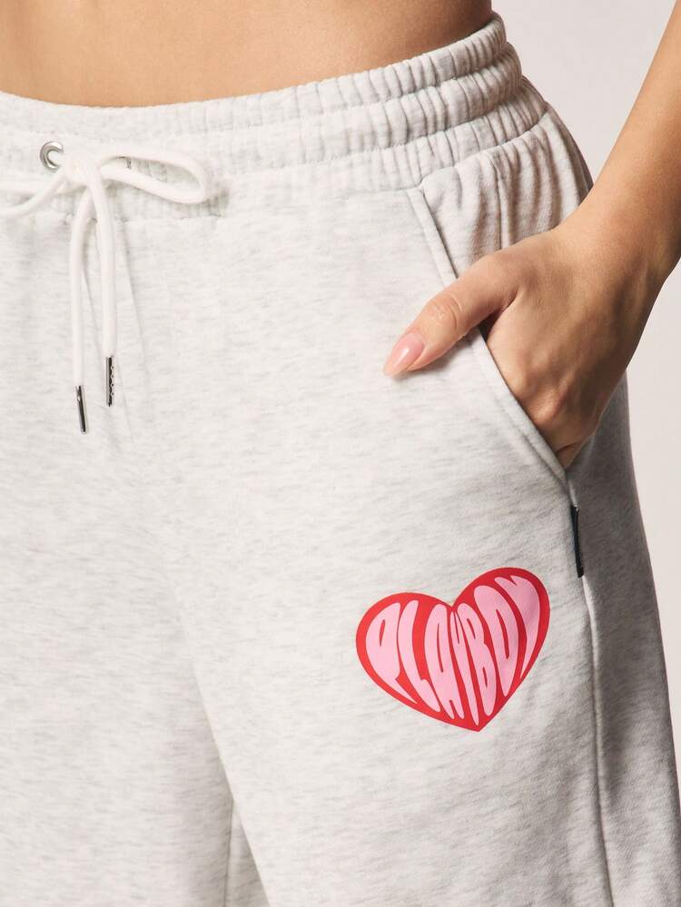 Missguided x Playboy Women's Heart Print Wide Leg Cuffed Sweatpants Elastic Waist Relaxed Fit Joggers Casual Lounge Pants Drawstring Bottom For Valentine's Day
